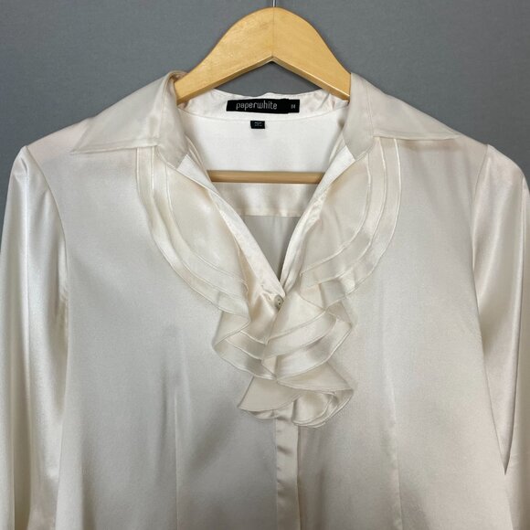 Paperwhite Silk Blouse Stretch Cream White Size 4 Top Ruffle Collar‎ Button-Up - Picture 4 of 16